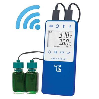 WiFi datalogging thermometer with TraceableLIVE, glycol probe, and cloud connectivity for vaccine refrigerator and freezer monitoring
