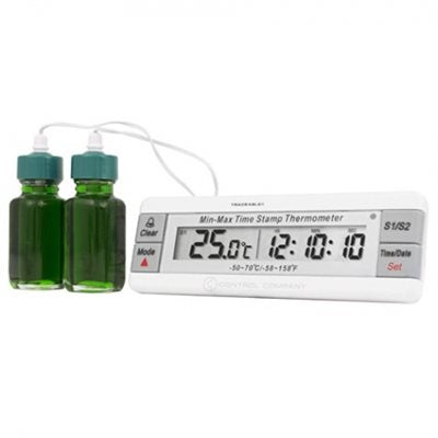 Traceable dual probe thermometer with 2 glycol bottle sensors, dual zone monitoring, ISO 17025 certification, and audible alarms for refrigerators and freezers