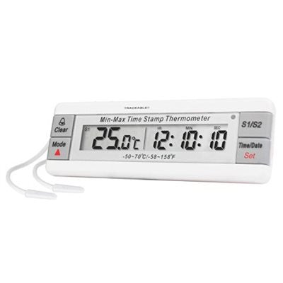 Traceable dual probe thermometer with triple display, ISO 17025 certificate, and waterproof sensors for fridge and lab temperature monitoring