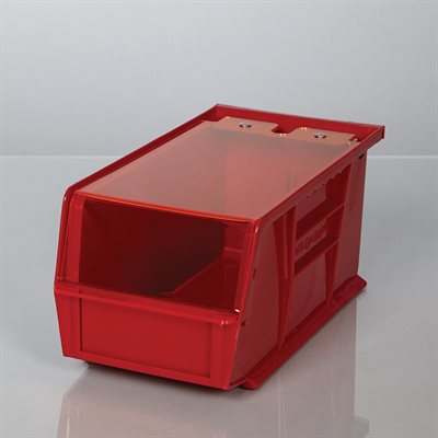 1410 Akro Bin with amber lid, 5.5 inches wide by 5 inches high by 11 inches deep, industrial storage container with label slot