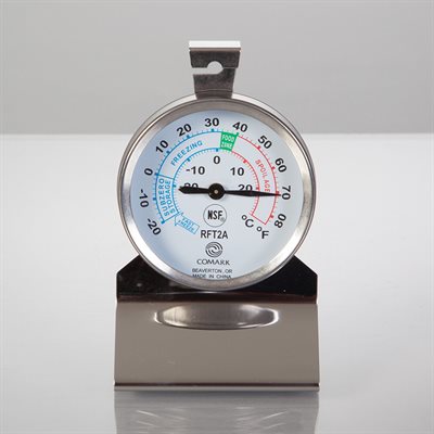 NSF certified stainless steel refrigerator freezer thermometer with 2 inch dial and color zone display for HACCP compliance