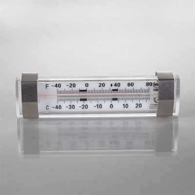 NSF certified horizontal refrigerator freezer thermometer with easy-read magnified glass tube and aluminum casing