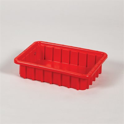Durable red plastic divider box 11x2.5x8 with recessed stacking ledges and customizable interior slots