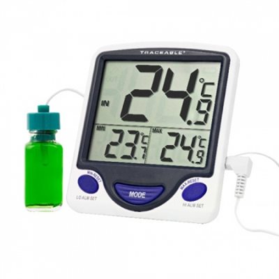 Traceable jumbo display refrigerator freezer thermometer with memory monitoring and glycol probe