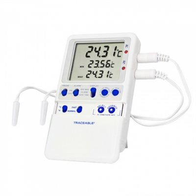 Hi-Accuracy refrigerator thermometer with two ambient probes, ISO Traceable® certificate, and triple display for temperature monitoring