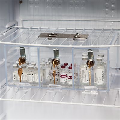 Acrylic refrigerator box with 3 separate locking compartments, each keyed differently. Ideal for secure, organized storage of temperature-sensitive items.