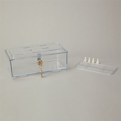 Rugged polycarbonate refrigerator box with key lock and roll-stop lip for medication storage