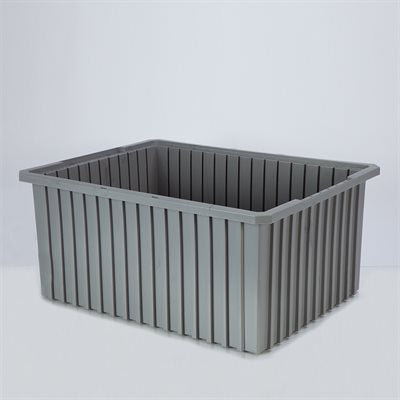 Large gray divider box 22.375x17.375x8 inches with reinforced sides and recessed stacking ledges