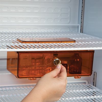 Amber rugged refrigerator box with key lock and roll-stop lip for secure medication storage