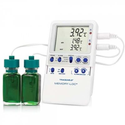 Traceable Memory-Loc USB datalogging thermometer with 2 glycol probes and alarm tracking for vaccine storage