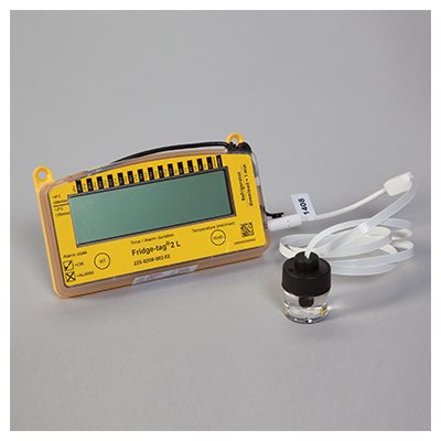 Fridge-Tag 2L ISO certified refrigerator thermometer with external probe and 30-day temperature display for vaccine storage monitoring