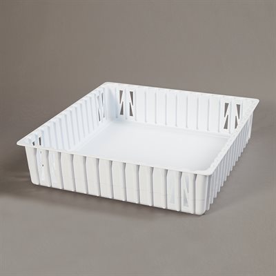 Large 21x5x20 inch refrigerator tray with vented sides for improved airflow and medication organization