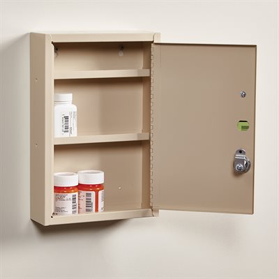 Slim-line narcotic cabinet with digital keyless lock and fixed interior shelves, 8x12x2 inch steel box