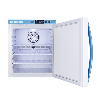 Accucold Pharma-Vac 1 cu ft medical refrigerator with solid door, digital temperature display, and CDC-compliant features for vaccine storage