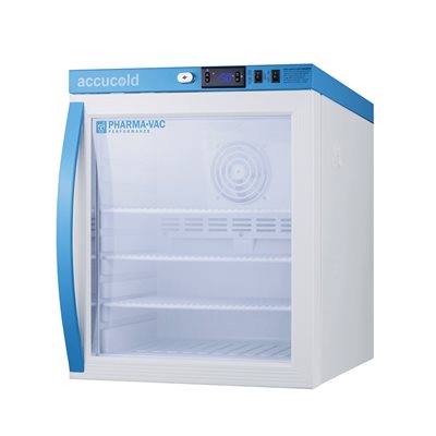Accucold 1 cu ft glass door medical refrigerator with digital controls and hi low temperature alarms for CDC compliant vaccine storage