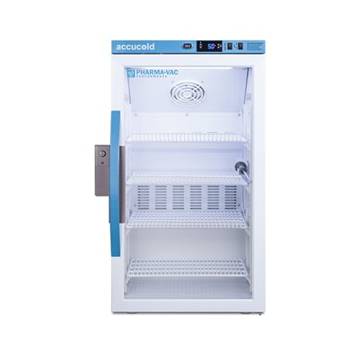 Accucold Pharma-Vac 3 cu ft glass door refrigerator for vaccines with temperature display and secure lock
