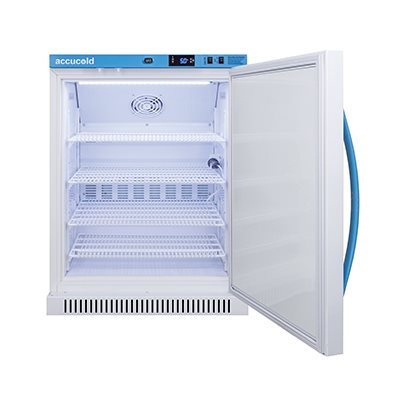 Accucold Pharma-Vac undercounter medical refrigerator with solid door, CDC compliant vaccine storage, and digital temperature controls