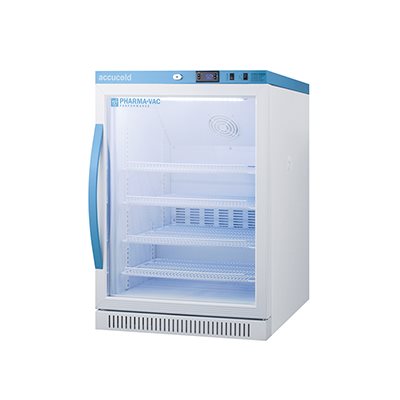 Accucold Pharma-Vac 6 cu ft undercounter medical refrigerator with glass door, CDC compliant with alarms and digital temperature display