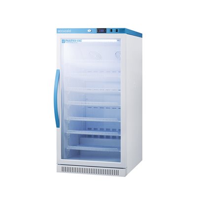 Accucold Pharma-Vac 8 cu ft vaccine refrigerator with glass door, digital min max temperature display, and secure medical storage