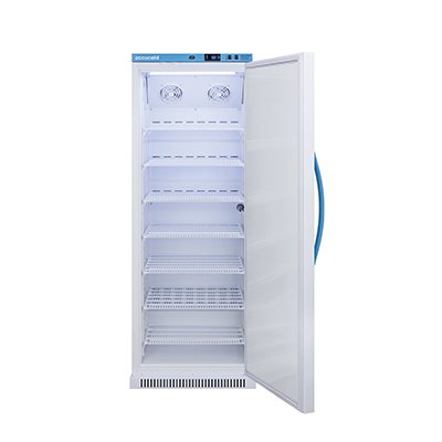 Accucold Pharma-Vac 12 cu ft solid door medical refrigerator with digital display and adjustable wire shelves for CDC-compliant vaccine storage