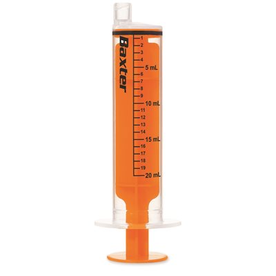 Clear 20?mL enteral syringe with ENFit connector and orange plunger