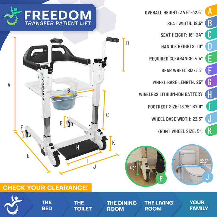 Side profile of the Freedom Patient Lift showing adjustable seat height