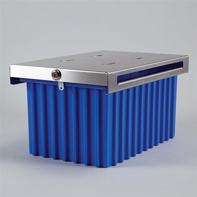 Blue refrigerator storage box with key lock and stainless steel frame for secure storage