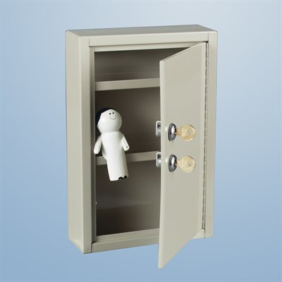 Slim-line steel narcotic cabinet with two locks and space-saving design for pharmacy or clinic use