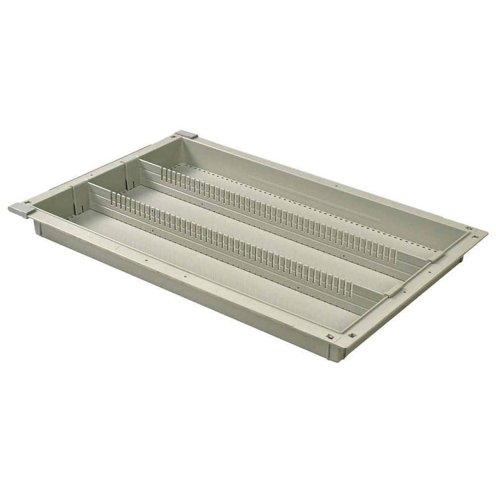 2-inch beige medical tray with two long full-length dividers and gray pull-out stoppers for MedStor Max cabinet organization
