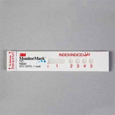 MonitorMark temperature exposure indicators with blue alert window for monitoring refrigeration during product transport