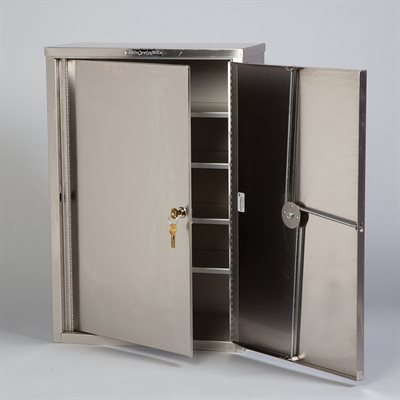 Stainless steel narcotic cabinet with dual locking doors and triple-bolt tubular lock