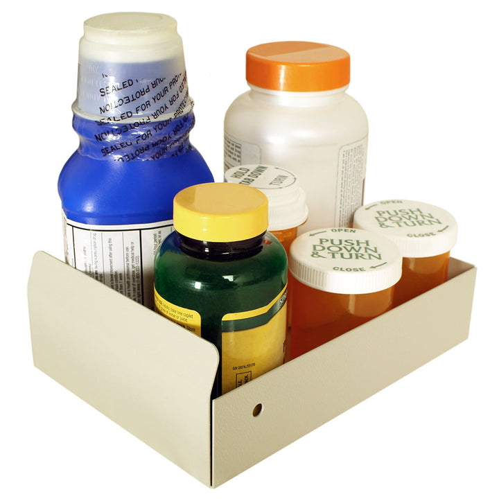 Aluminum medication cart storage bin with medications