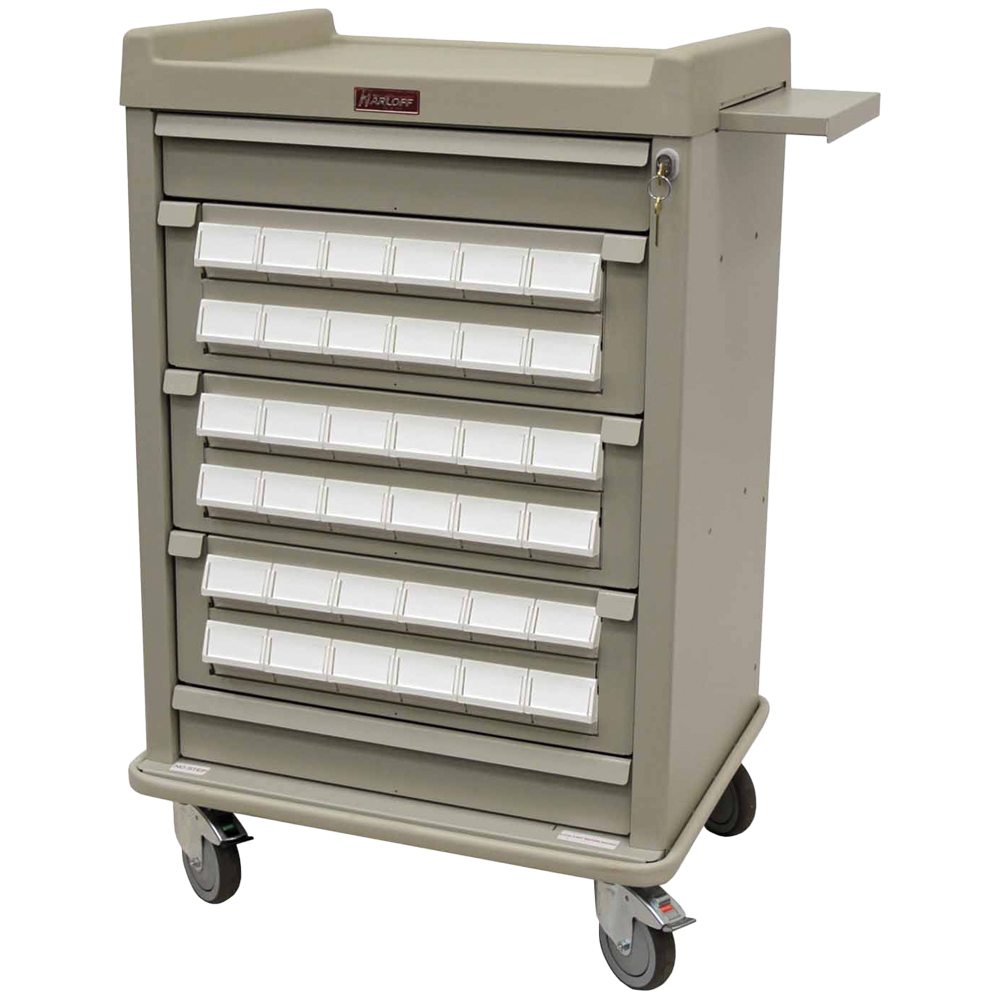 AL36CS-3 Aluminum Cassette Medication Cart, side view showing pull-out shelf and double-tier cassettes