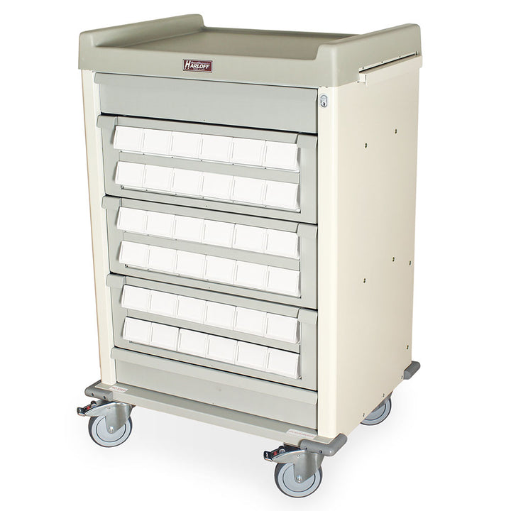 AL36CS-3 Aluminum Cassette Medication Cart, 36 Bin Drawers, key lock, front view