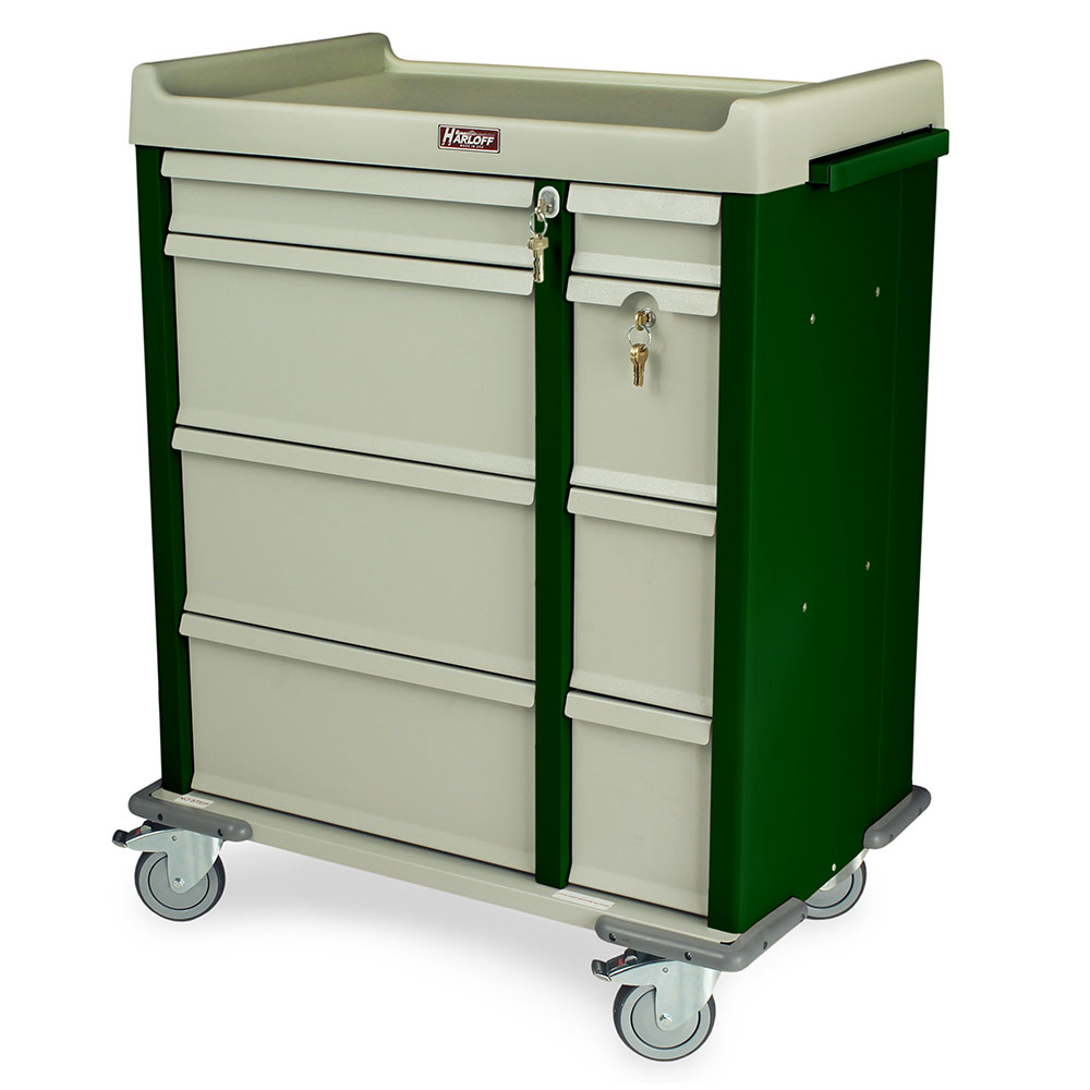 Lightweight aluminum medication cart with key lock and narcotics storage