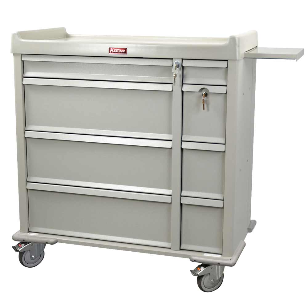 Red aluminum medication cart with dual column punch card storage