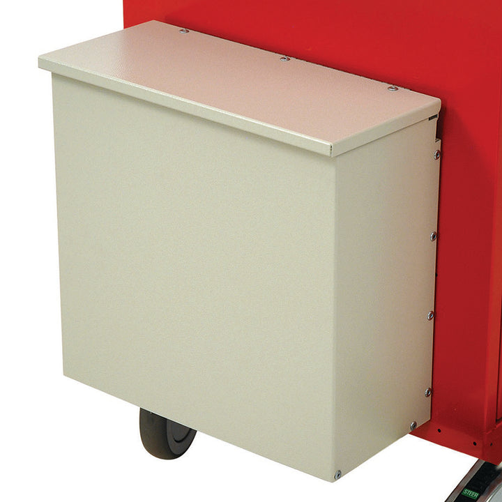 Mounted aluminum 4 gallon waste container with cover in sand color on medical cart