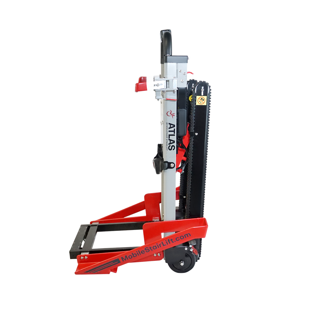 Side view of Atlas stairlift climbing track and wheelchair platform