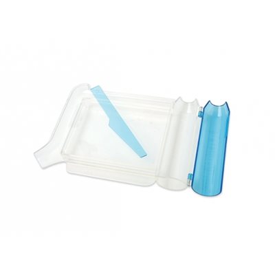 Blue pill counting tray with plastic spatula, dual spouts, and clear handle