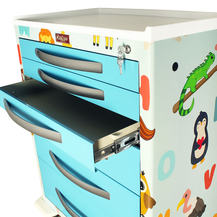 Close-up of custom vinyl-wrapped medical cart drawer and handle