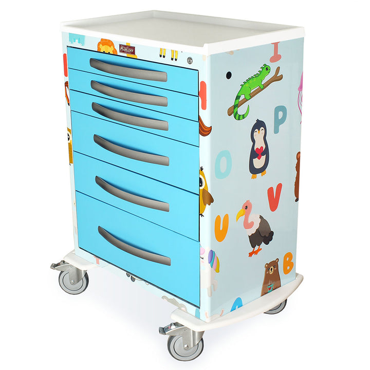 Custom medical cart with partial vinyl alphabet wrap, angled view