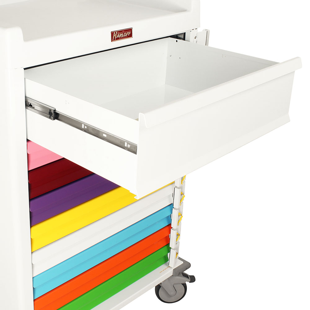 Close-up of color-coded drawers on MRI compatible pediatric crash cart showing breakaway locking bars and seals