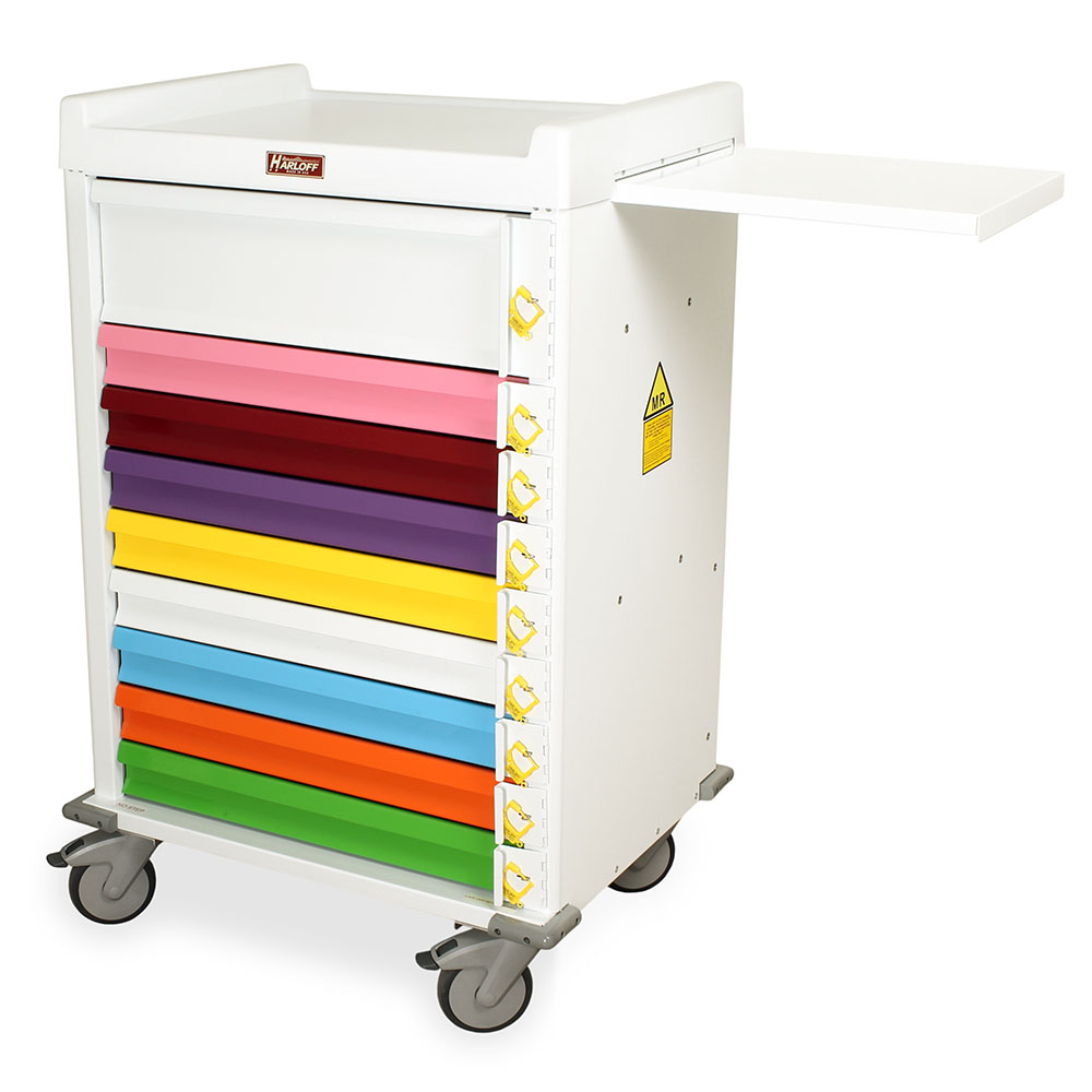 MRI compatible pediatric cart showing pull-out shelf, removable plastic top, and protective corner bumpers