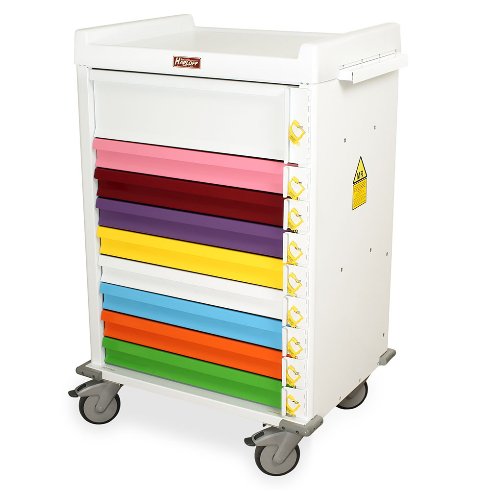 MRI compatible aluminum pediatric crash cart with nine color-coded drawers and breakaway locking system, white gloss finish, pull-out shelf
