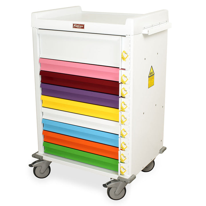 MRI compatible aluminum pediatric crash cart with nine color-coded drawers and breakaway locking system, white gloss finish, pull-out shelf