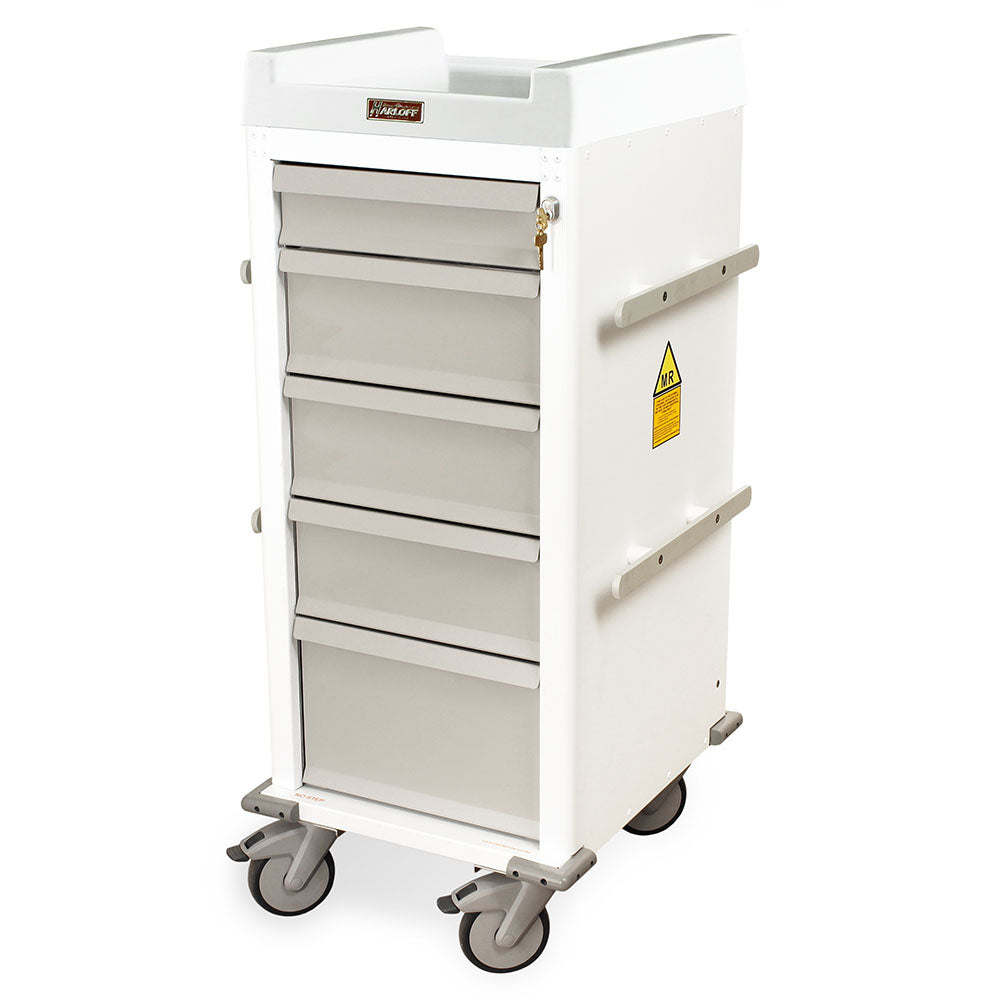 Narrow MRI cart with six drawers in light gray and key lock
