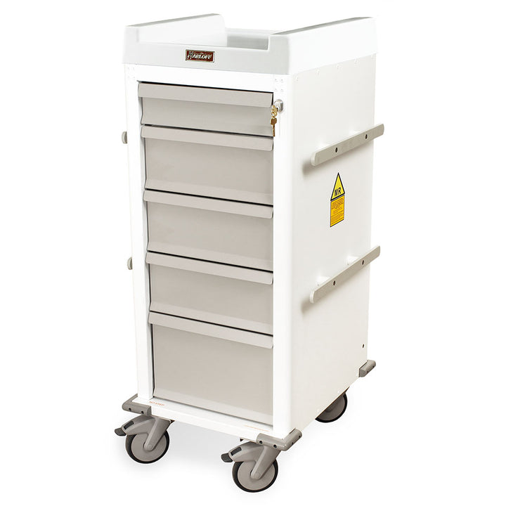 Narrow MRI cart with six drawers in light gray and key lock