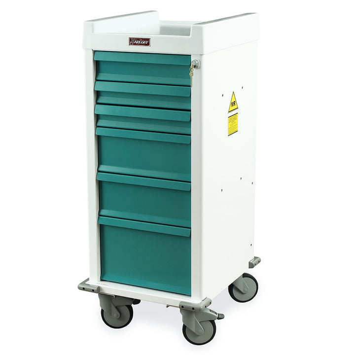Narrow MRI cart with six drawers in teal and key lock