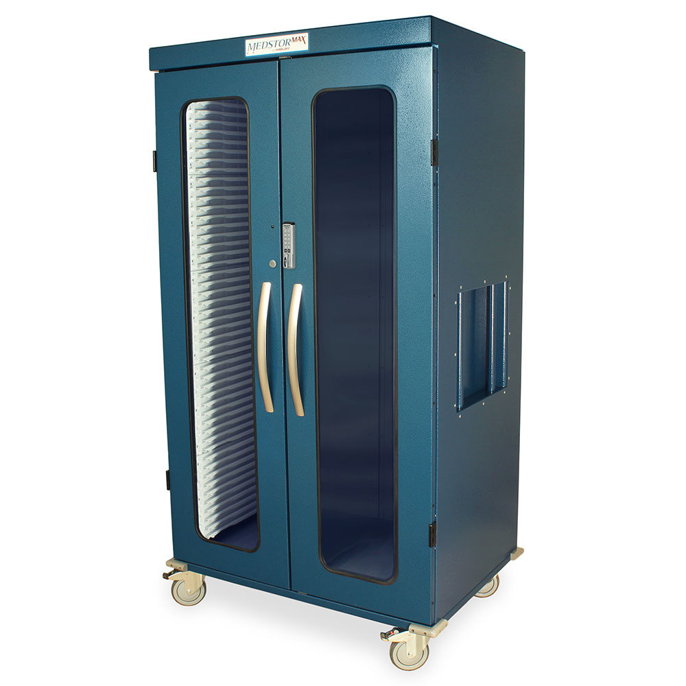 Double wide medical storage cabinet with glass doors and e-lock