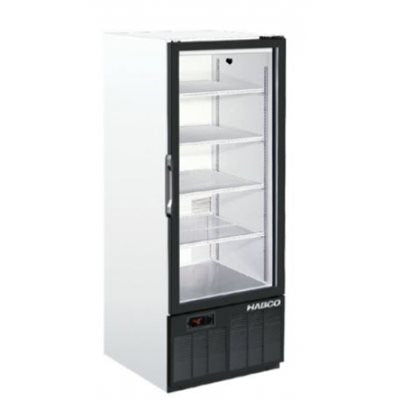 Freestanding medical refrigerator with glass door, digital temperature display, LED lighting, and white exterior for clinical storage